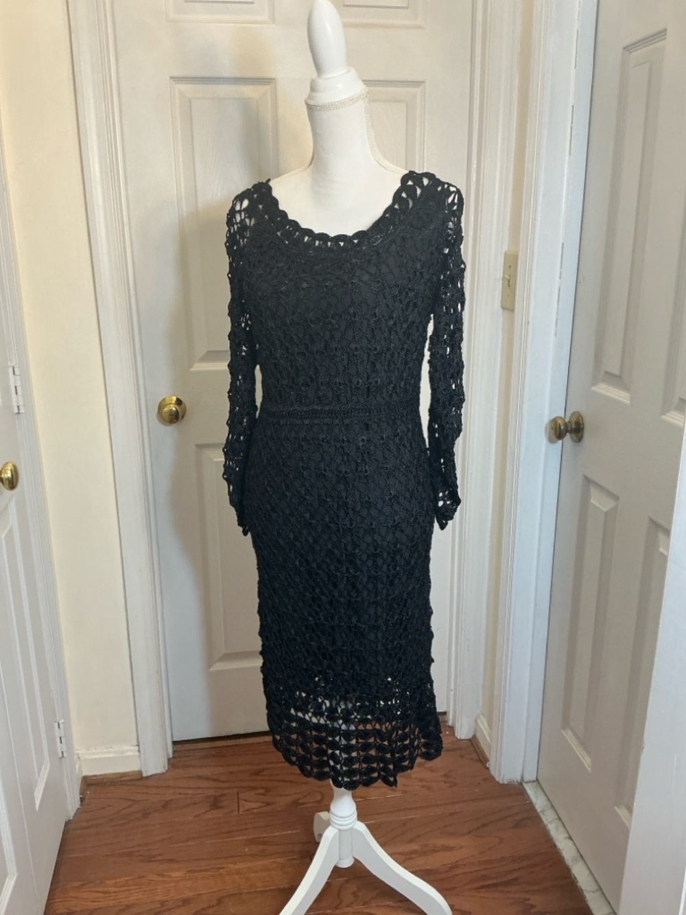 INC Black Crochet Lace Shimmer Dress Long Sleeve Cocktail Midi